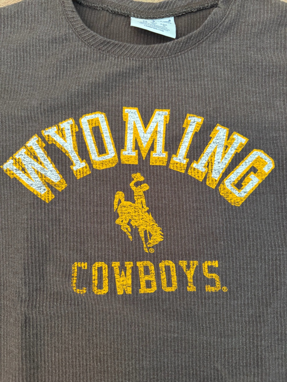📦 Wyoming Cowboys Waffle Brown Thermal Crewneck Champion Sweater - Picture 2 of 9